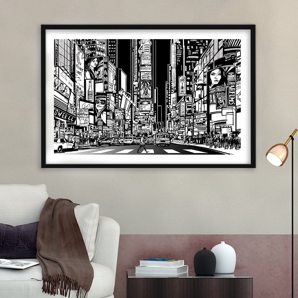 Illustration Of A Street In New York City At Night, B&W New York Illustration Wall Art, Framed Art Print White Border