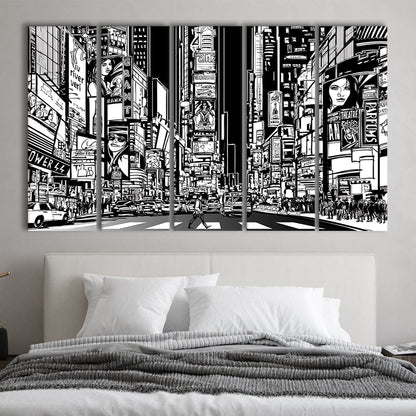 Illustration of a Street in New York City at Night, B&W New York Art, 5 Piece B Extra Large Cavas Print Wall Art Decor