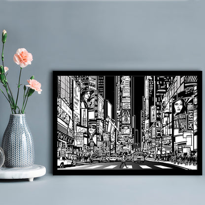 Illustration Of A Street In New York City At Night, B&W New York Illustration Wall Art, Framed Art Print, Picture Framed
