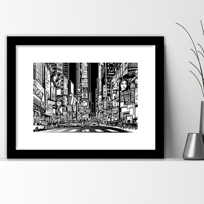 Illustration Of A Street In New York City At Night, B&W New York Illustration Wall Art, Framed Art Print White Border