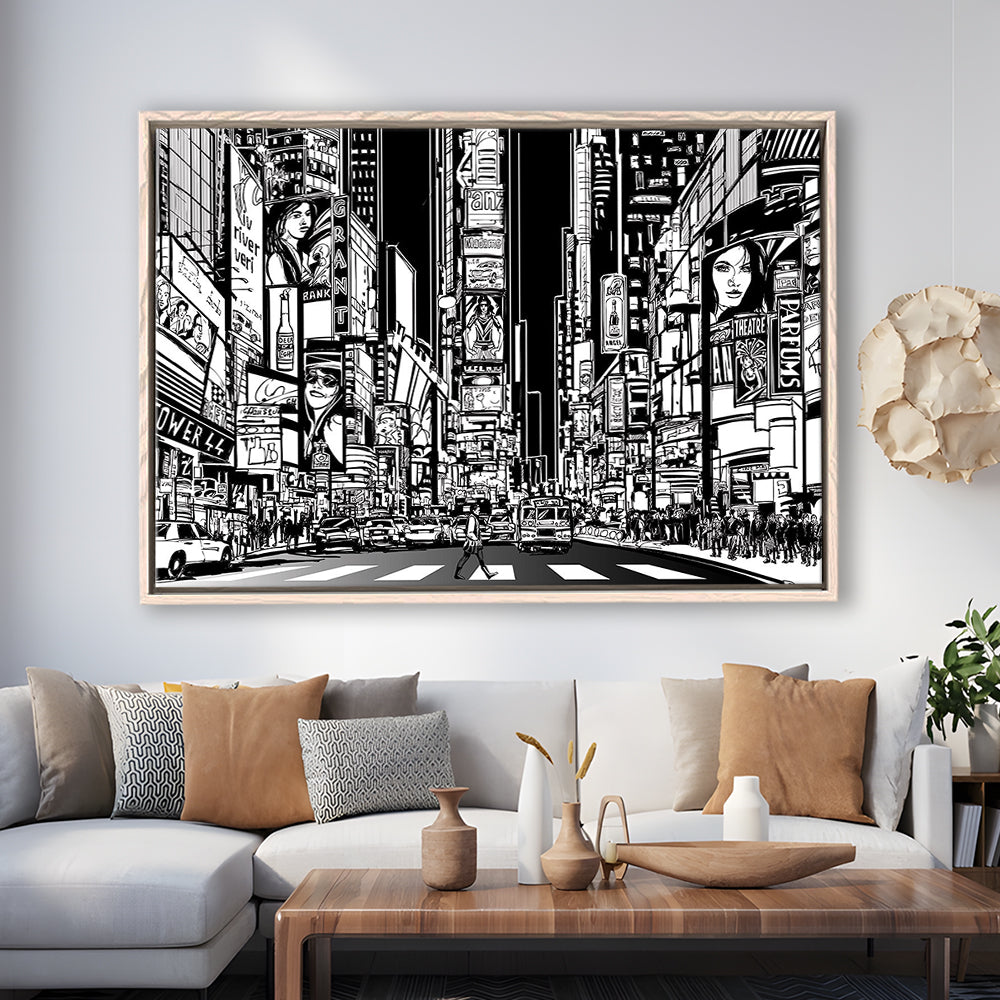 Illustration Of A Street In New York City At Night, B&W New York Wall Art, Framed Cavas Print, Floating Frame