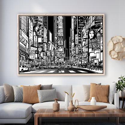 Illustration Of A Street In New York City At Night, B&W New York Wall Art, Framed Cavas Print, Floating Frame