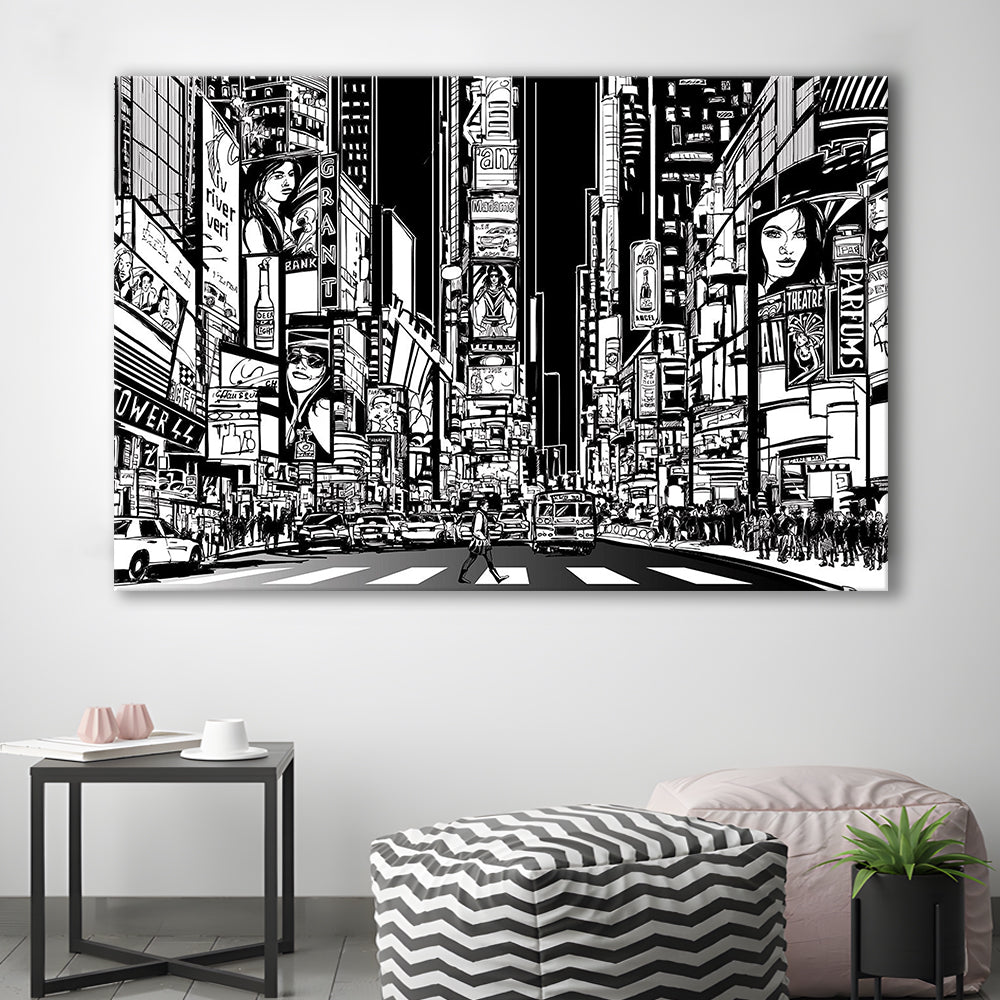 Illustration of a Street in New York City at Night, B&W New York Illustration Wall Art, Cavas Print Wall Art Hom Decor