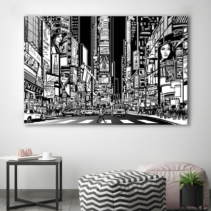 Illustration of a Street in New York City at Night, B&W New York Illustration Wall Art, Cavas Print Wall Art Hom Decor