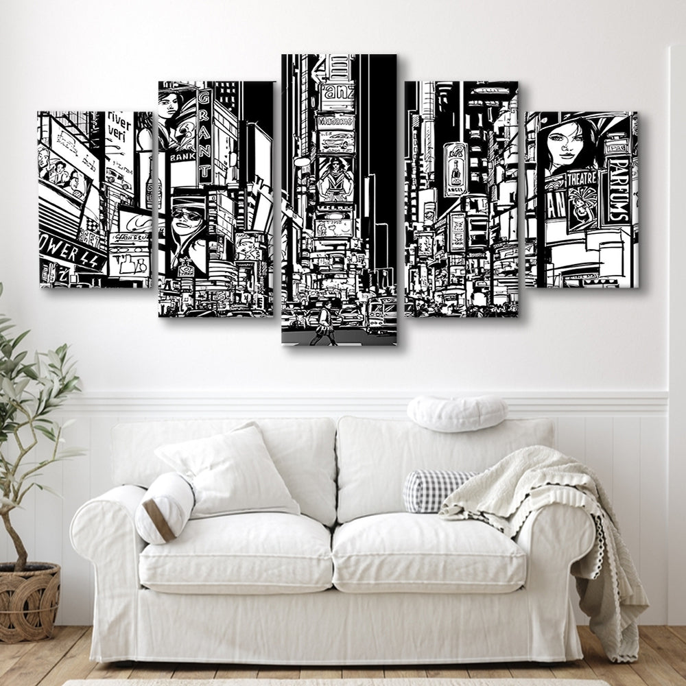 Illustration of a Street in New York City at Night, B&W New York Wall Art, 5 Piece Large Cavas Print Wall Art
