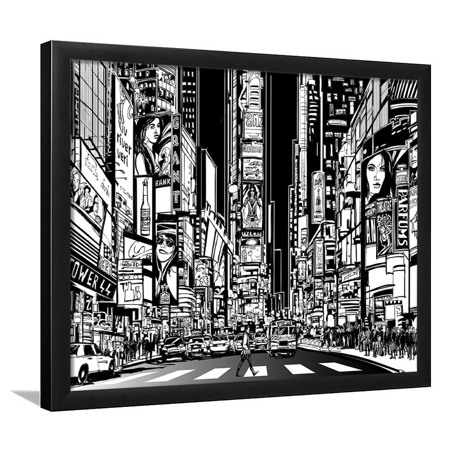 Illustration Of A Street In New York City At Night, B&W New York Illustration Wall Art, Framed Art Print, Picture Framed