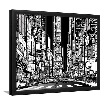 Illustration Of A Street In New York City At Night, B&W New York Illustration Wall Art, Framed Art Print, Picture Framed