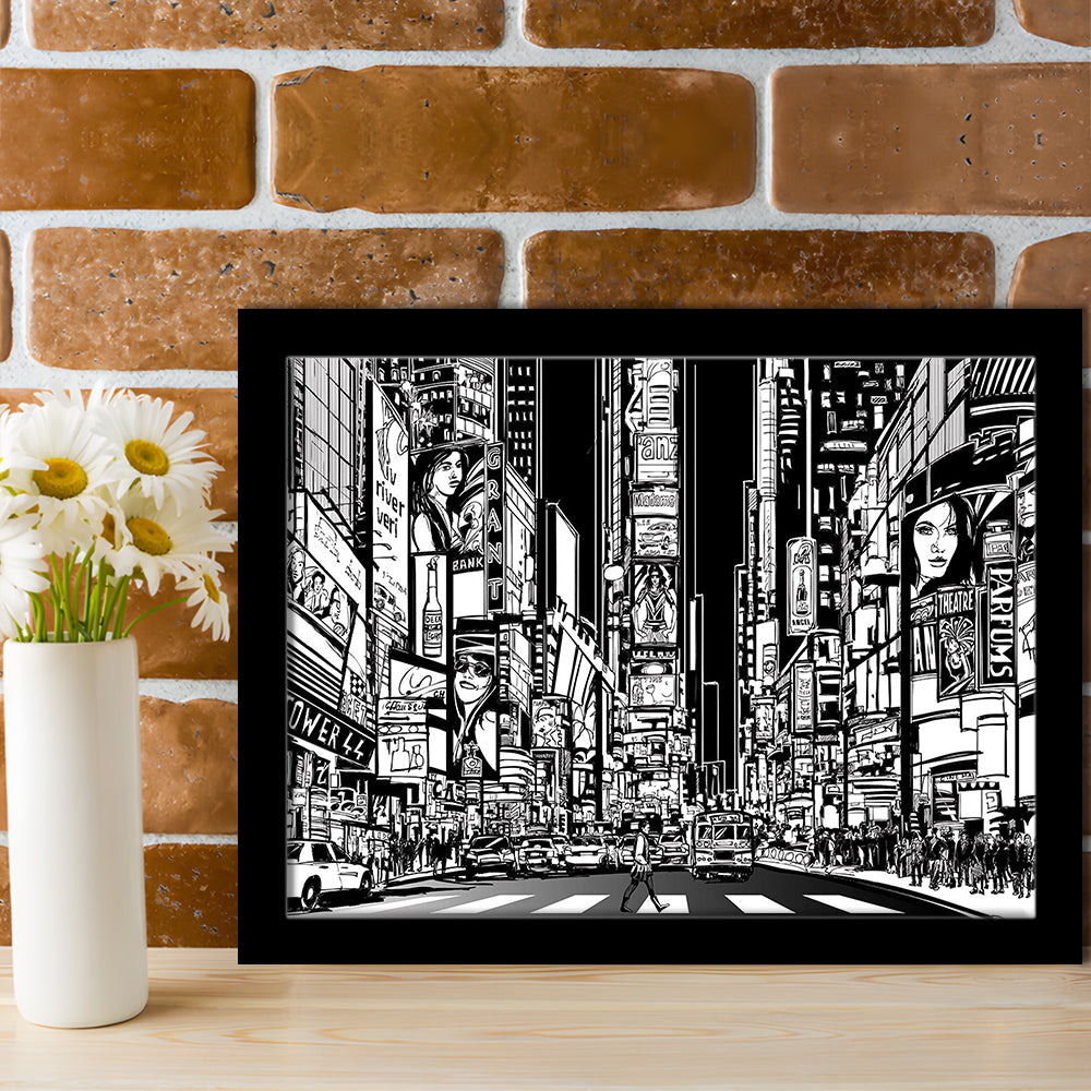 Illustration Of A Street In New York City At Night, B&W New York Illustration Wall Art, Framed Art Print, Picture Framed