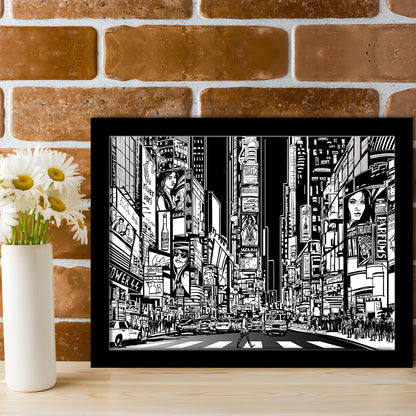 Illustration Of A Street In New York City At Night, B&W New York Illustration Wall Art, Framed Art Print, Picture Framed
