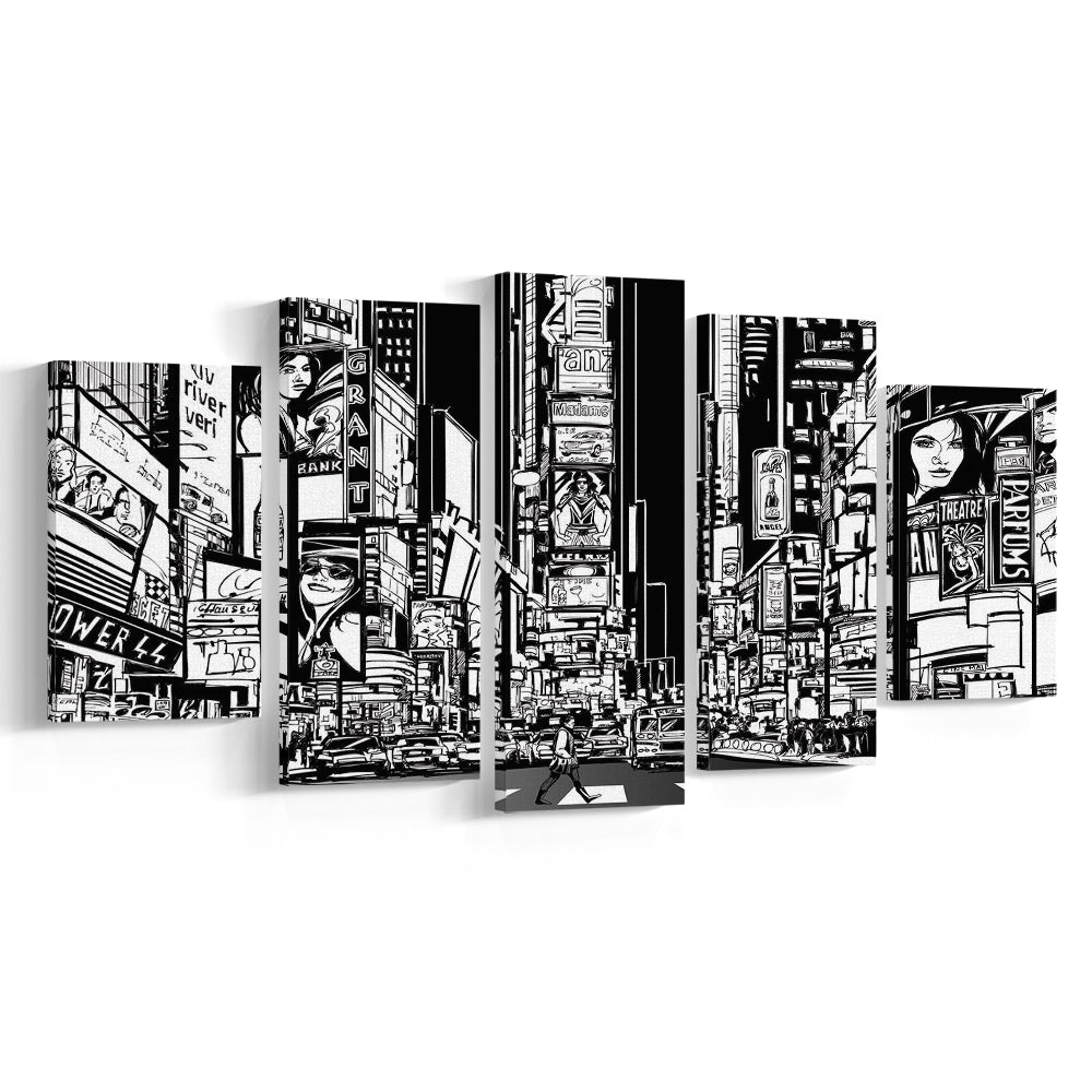 Illustration of a Street in New York City at Night, B&W New York Wall Art, 5 Piece Large Cavas Print Wall Art