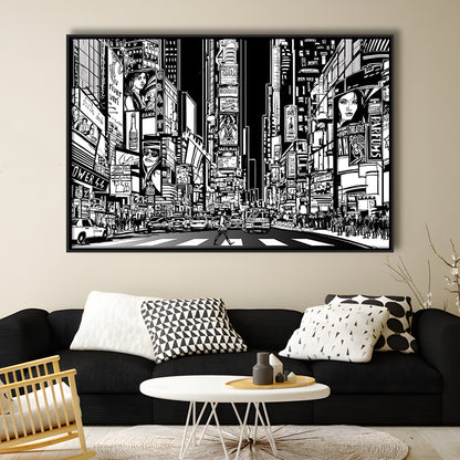 Illustration Of A Street In New York City At Night, B&W New York Wall Art, Framed Cavas Print, Floating Frame