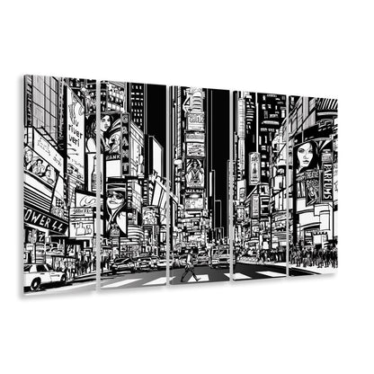 Illustration of a Street in New York City at Night, B&W New York Art, 5 Piece B Extra Large Cavas Print Wall Art Decor