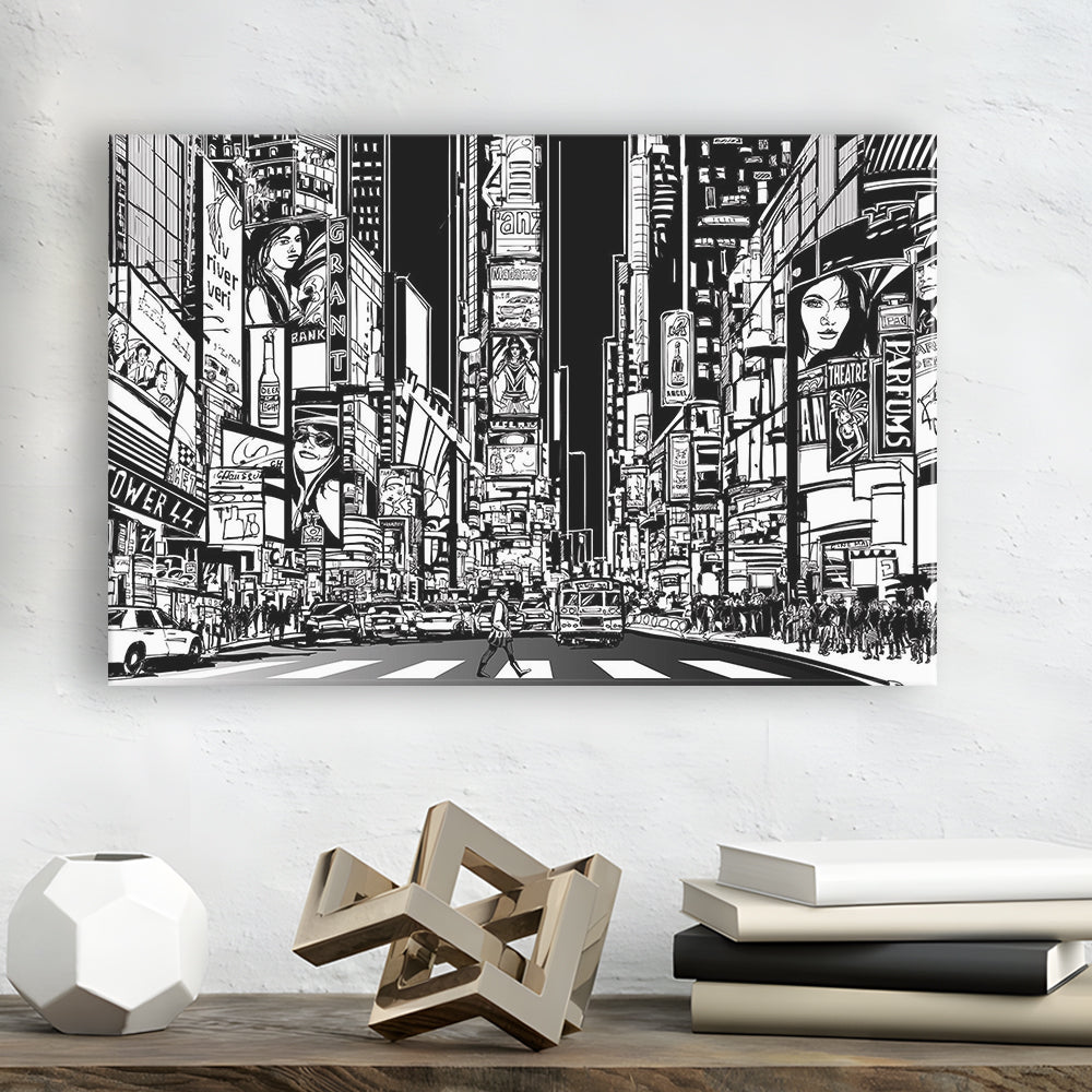Illustration of a Street in New York City at Night, B&W New York Illustration Wall Art, Cavas Print Wall Art Hom Decor