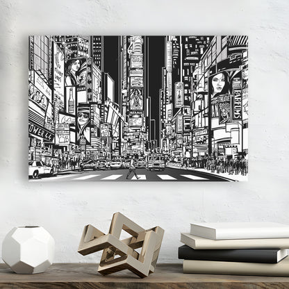 Illustration of a Street in New York City at Night, B&W New York Illustration Wall Art, Cavas Print Wall Art Hom Decor