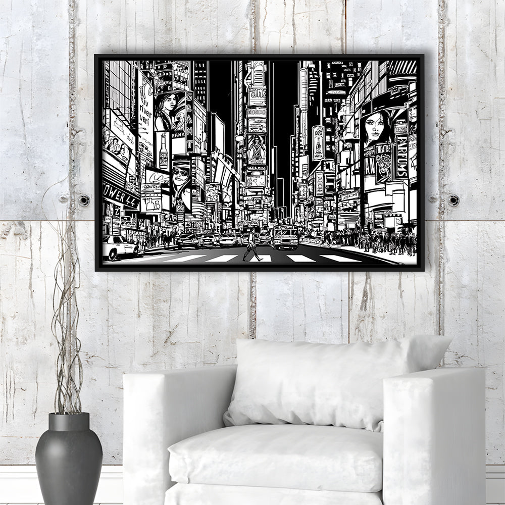 Illustration Of A Street In New York City At Night, B&W New York Wall Art, Framed Cavas Print, Floating Frame