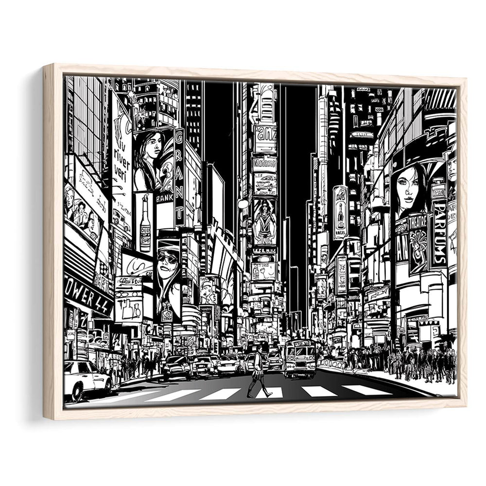 Illustration Of A Street In New York City At Night, B&W New York Wall Art, Framed Cavas Print, Floating Frame