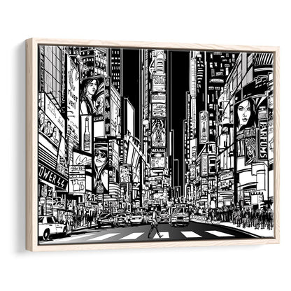 Illustration Of A Street In New York City At Night, B&W New York Wall Art, Framed Cavas Print, Floating Frame
