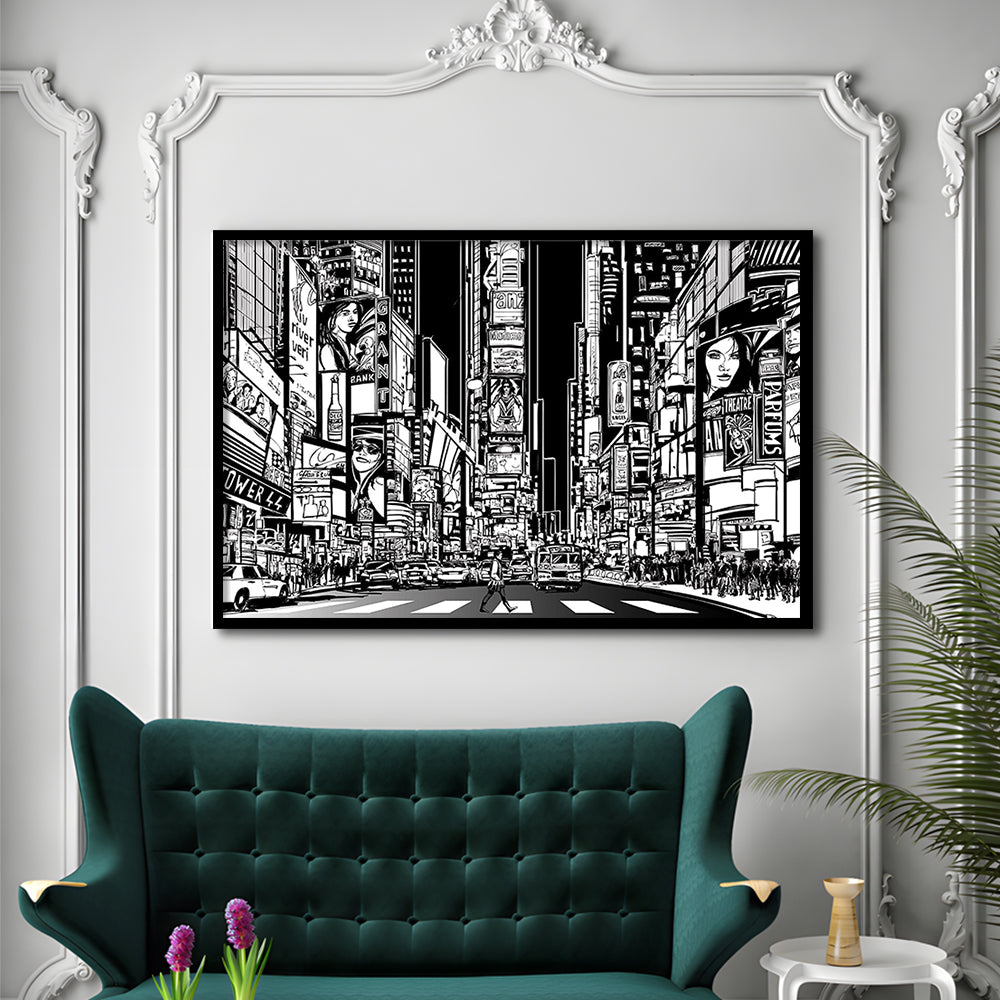 Illustration Of A Street In New York City At Night, B&W New York Illustration Wall Art, Framed Art Print, Picture Framed