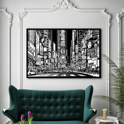Illustration Of A Street In New York City At Night, B&W New York Illustration Wall Art, Framed Art Print, Picture Framed
