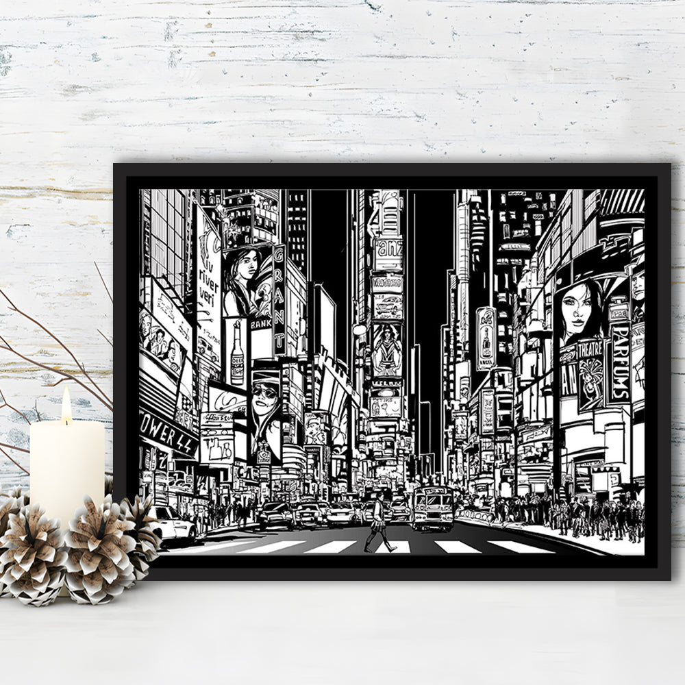 Illustration Of A Street In New York City At Night, B&W New York Wall Art, Framed Cavas Print, Floating Frame
