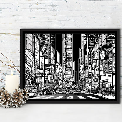 Illustration Of A Street In New York City At Night, B&W New York Wall Art, Framed Cavas Print, Floating Frame