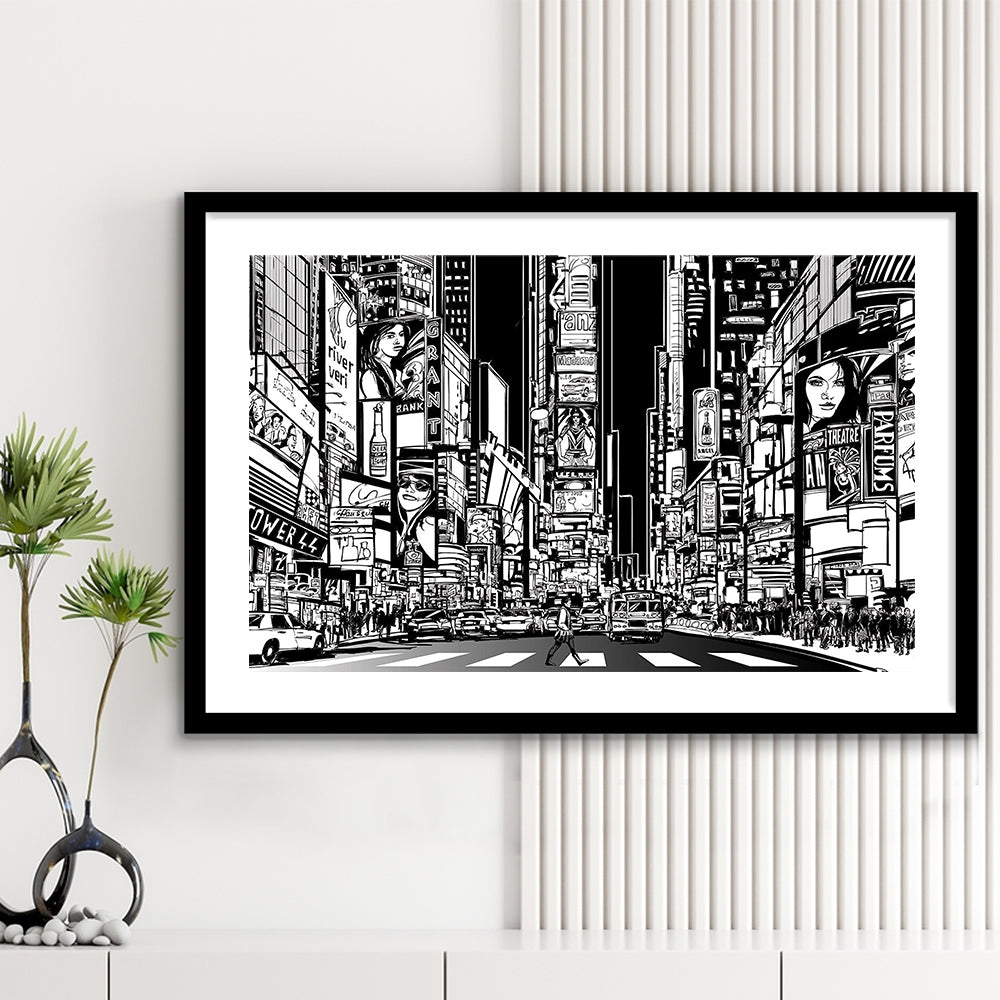Illustration Of A Street In New York City At Night, B&W New York Illustration Wall Art, Framed Art Print White Border
