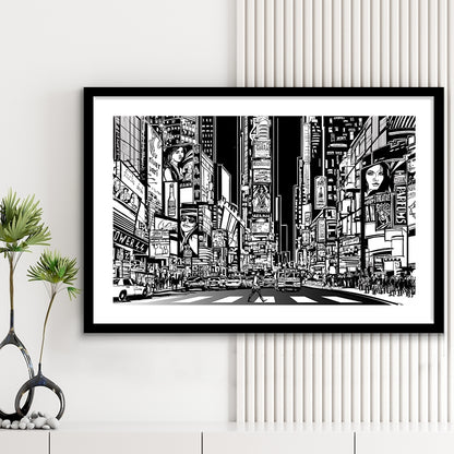 Illustration Of A Street In New York City At Night, B&W New York Illustration Wall Art, Framed Art Print White Border