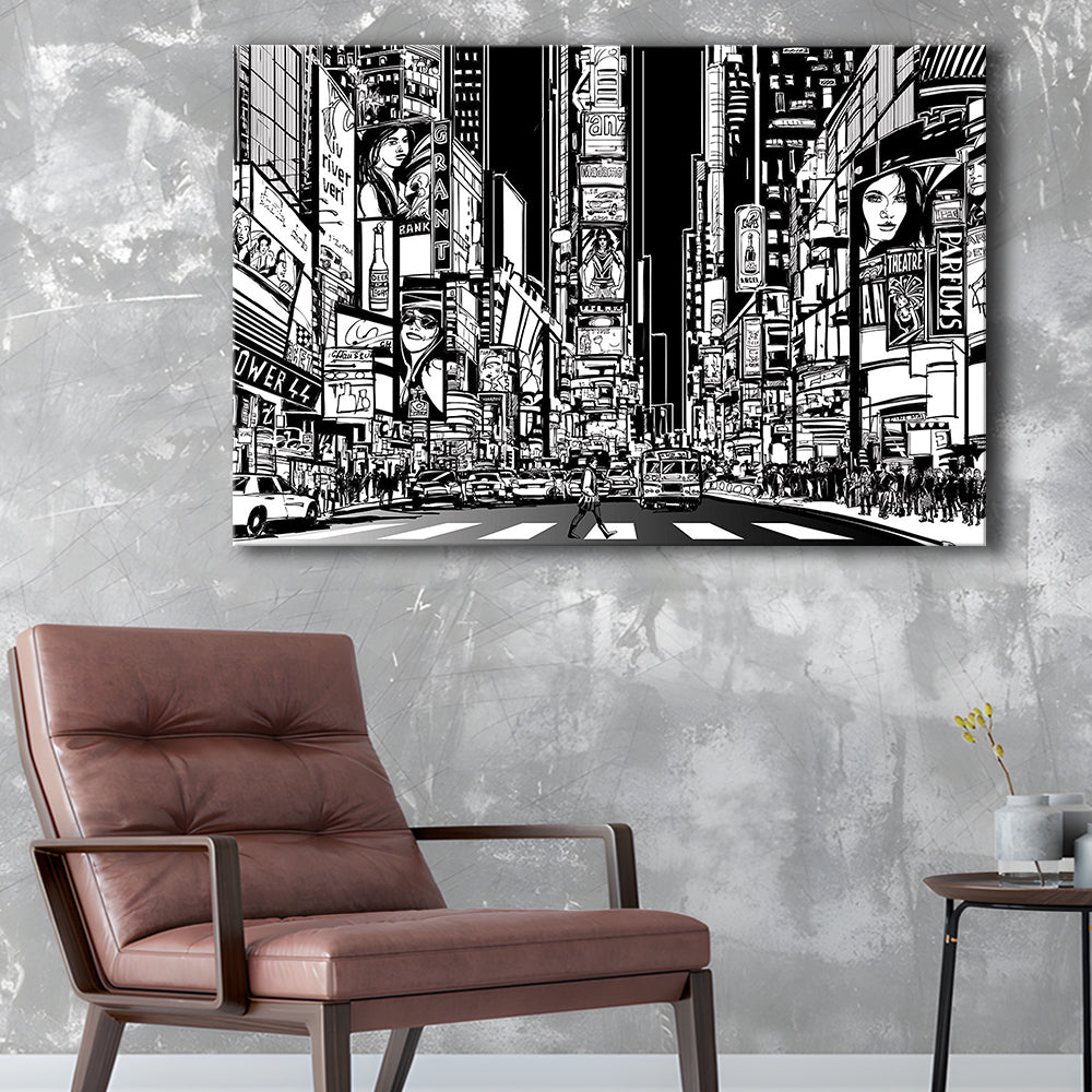 Illustration of a Street in New York City at Night, B&W New York Illustration Wall Art, Cavas Print Wall Art Hom Decor