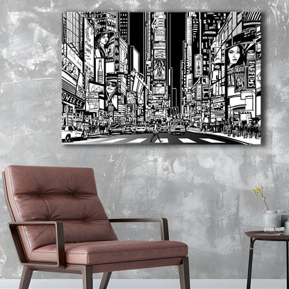 Illustration of a Street in New York City at Night, B&W New York Illustration Wall Art, Cavas Print Wall Art Hom Decor