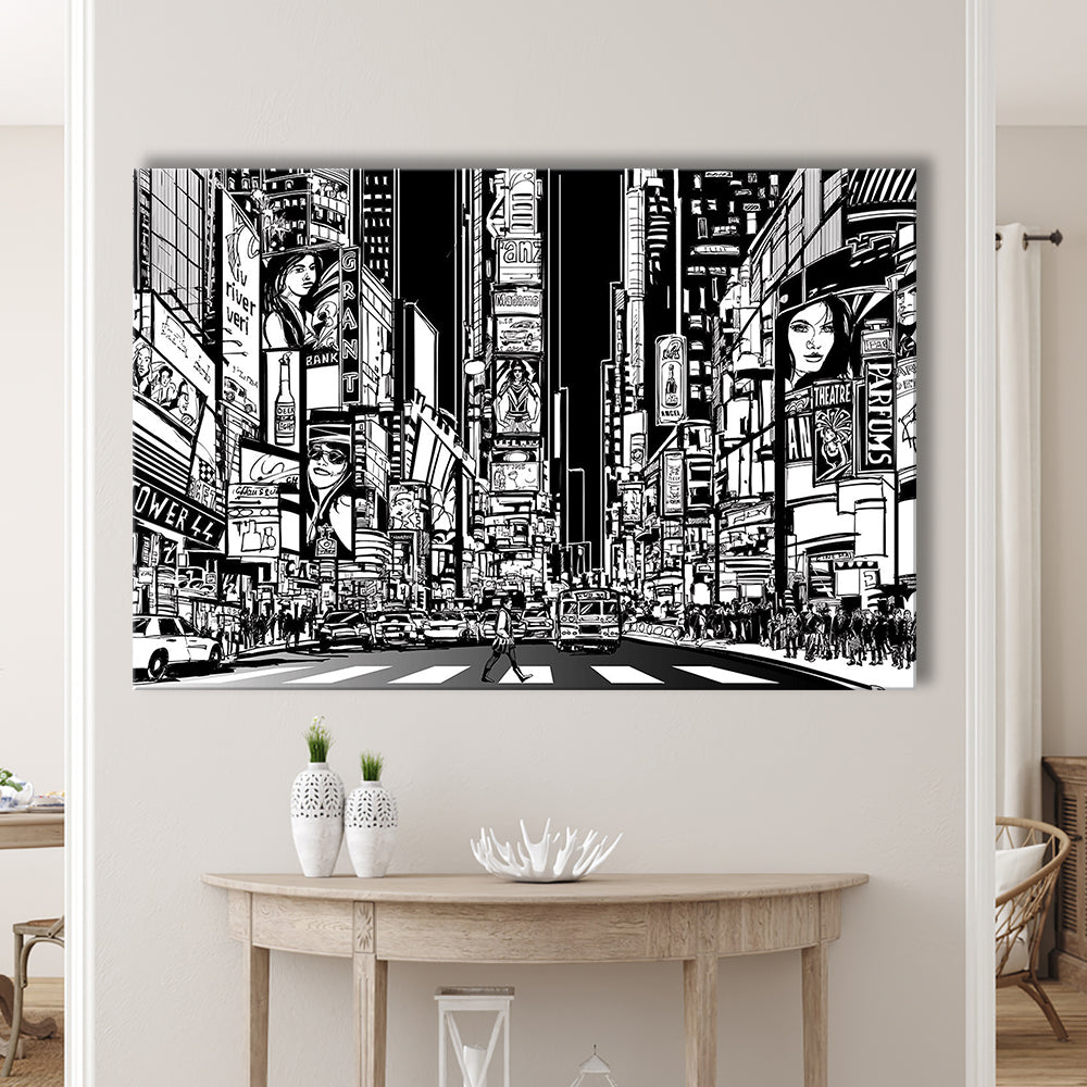 Illustration of a Street in New York City at Night, B&W New York Illustration Wall Art, Cavas Print Wall Art Hom Decor