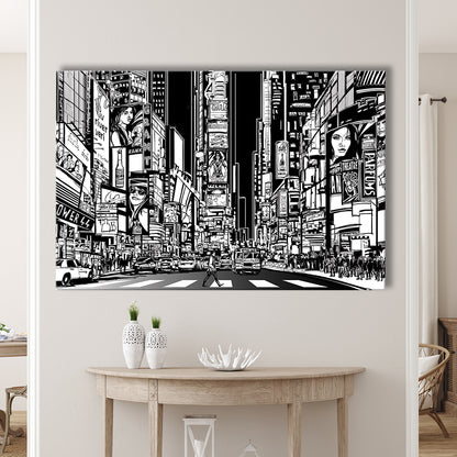 Illustration of a Street in New York City at Night, B&W New York Illustration Wall Art, Cavas Print Wall Art Hom Decor