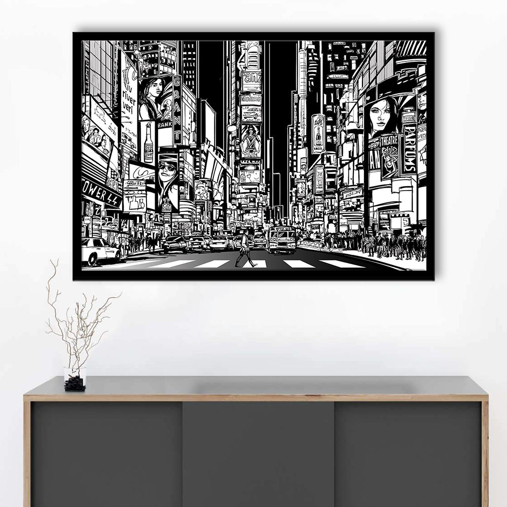 Illustration Of A Street In New York City At Night, B&W New York Illustration Wall Art, Framed Art Print, Picture Framed