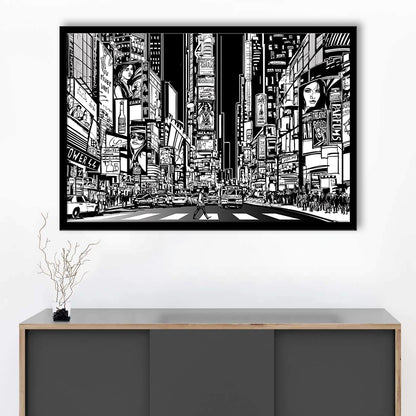 Illustration Of A Street In New York City At Night, B&W New York Illustration Wall Art, Framed Art Print, Picture Framed
