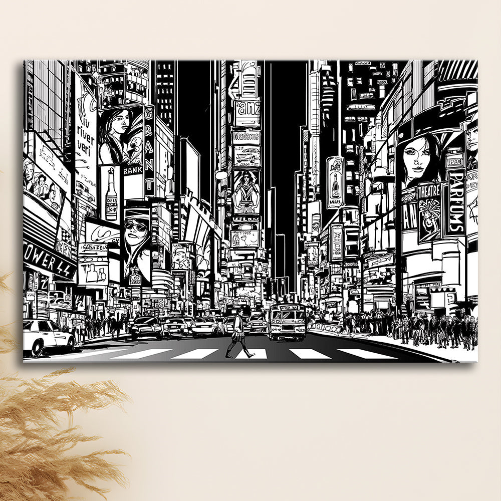 Illustration of a Street in New York City at Night, B&W New York Illustration Wall Art, Cavas Print Wall Art Hom Decor