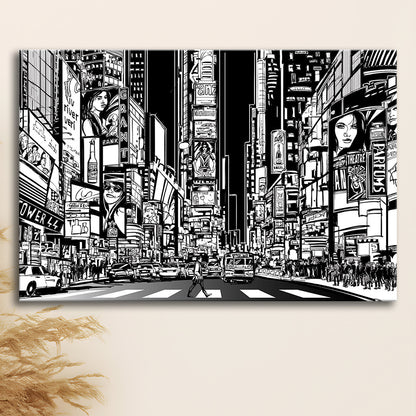 Illustration of a Street in New York City at Night, B&W New York Illustration Wall Art, Cavas Print Wall Art Hom Decor