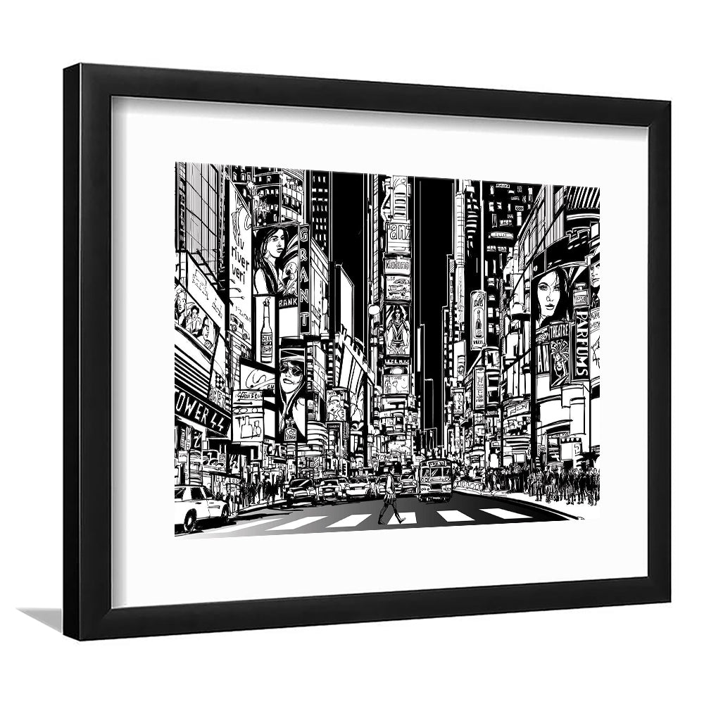 Illustration Of A Street In New York City At Night, B&W New York Illustration Wall Art, Framed Art Print White Border