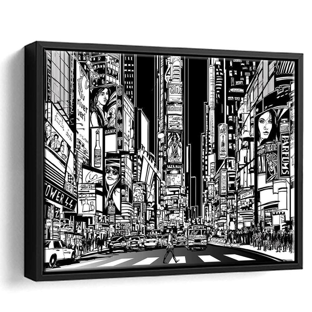 Illustration Of A Street In New York City At Night, B&W New York Wall Art, Framed Cavas Print, Floating Frame