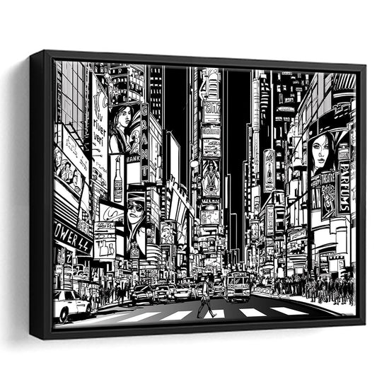 Illustration Of A Street In New York City At Night, B&W New York Wall Art, Framed Cavas Print, Floating Frame