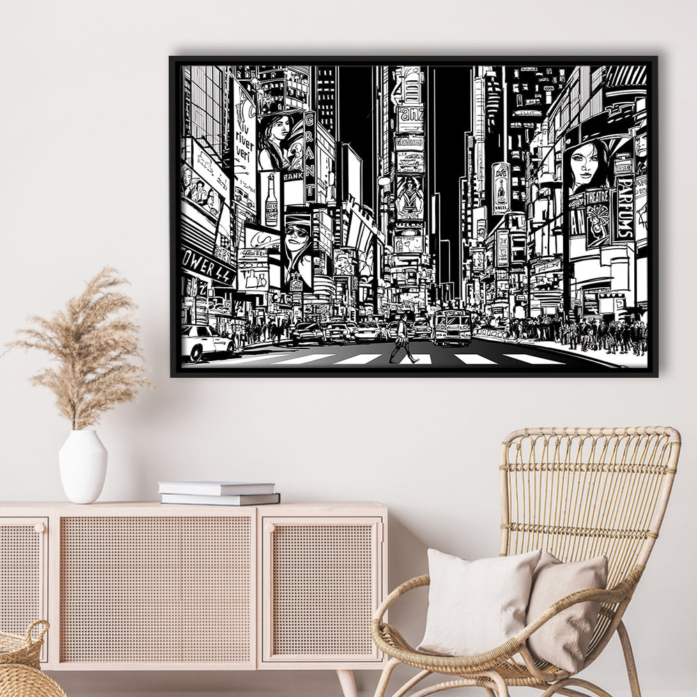 Illustration Of A Street In New York City At Night, B&W New York Wall Art, Framed Cavas Print, Floating Frame