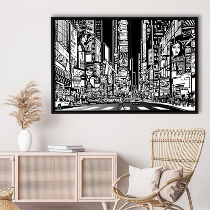 Illustration Of A Street In New York City At Night, B&W New York Wall Art, Framed Cavas Print, Floating Frame