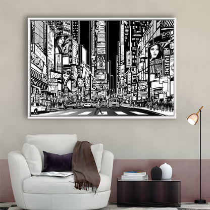 Illustration Of A Street In New York City At Night, B&W New York Wall Art, Framed Cavas Print, Floating Frame