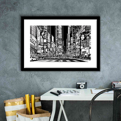 Illustration Of A Street In New York City At Night, B&W New York Illustration Wall Art, Framed Art Print White Border