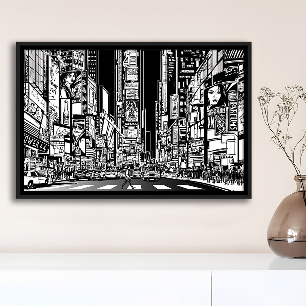 Illustration Of A Street In New York City At Night, B&W New York Wall Art, Framed Cavas Print, Floating Frame