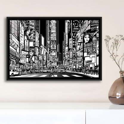 Illustration Of A Street In New York City At Night, B&W New York Wall Art, Framed Cavas Print, Floating Frame