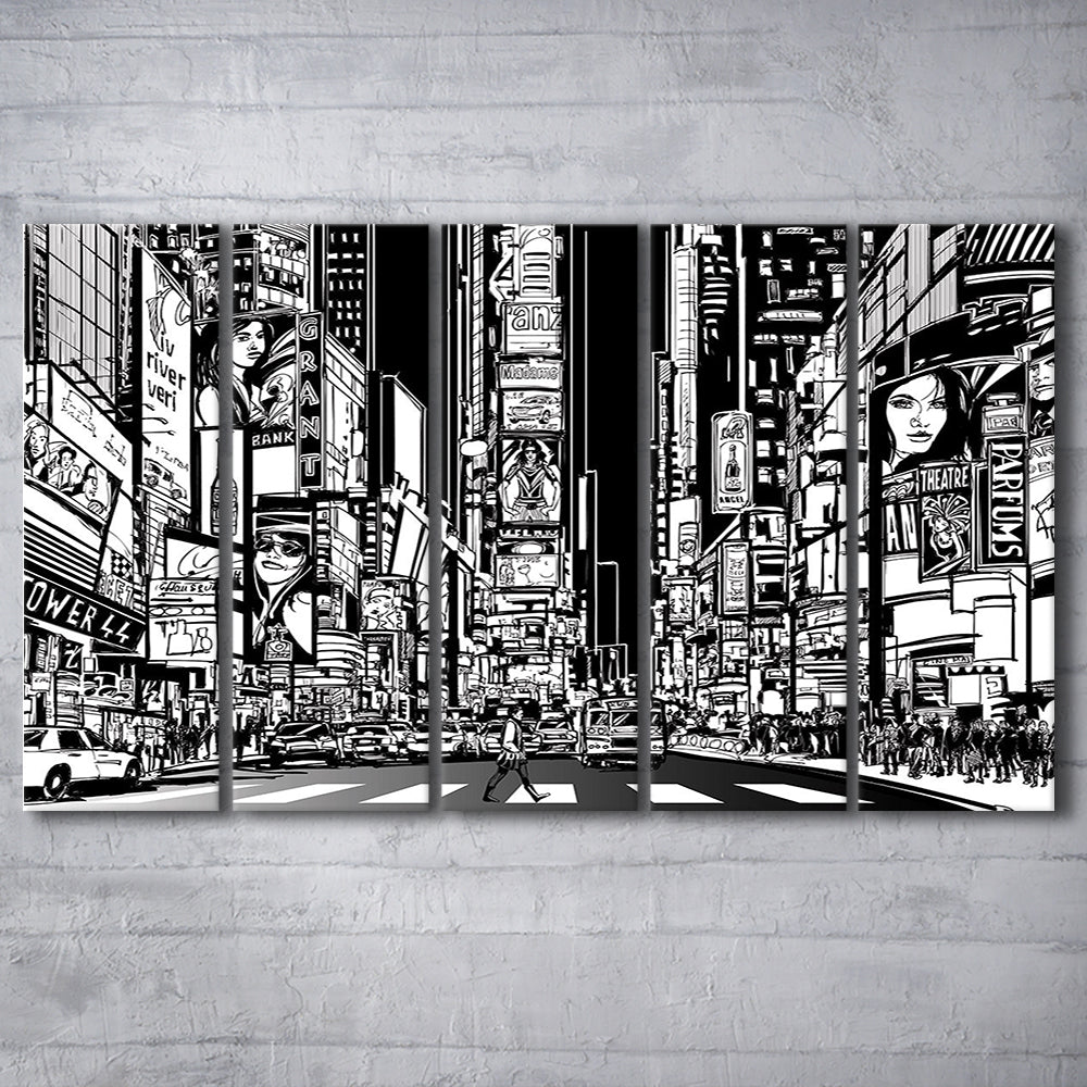 Illustration of a Street in New York City at Night, B&W New York Art, 5 Piece B Extra Large Cavas Print Wall Art Decor