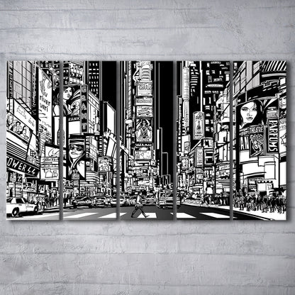 Illustration of a Street in New York City at Night, B&W New York Art, 5 Piece B Extra Large Cavas Print Wall Art Decor