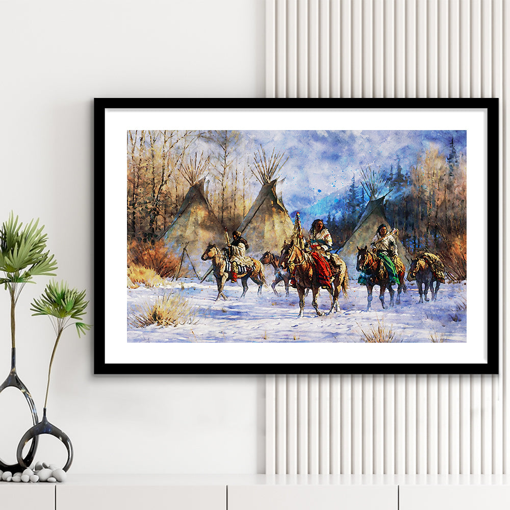 Indian Life American Watercolor Art, Framed  Print, Painting Art, Framed Art Print White Border Wall Decor