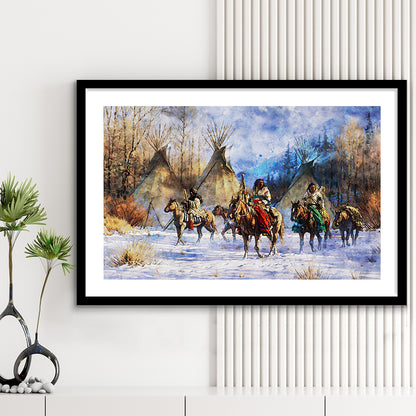 Indian Life American Watercolor Art, Framed  Print, Painting Art, Framed Art Print White Border Wall Decor