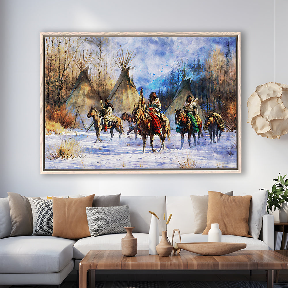 Indian Life American Watercolor Art, Framed Canvas Print, Painting Art, Floating Framed Canvas Print Wall Art