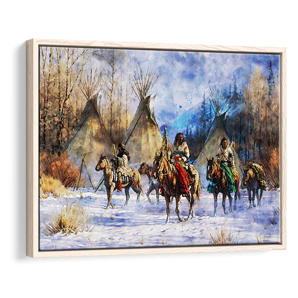 Indian Life American Watercolor Art, Framed Canvas Print, Painting Art, Floating Framed Canvas Print Wall Art